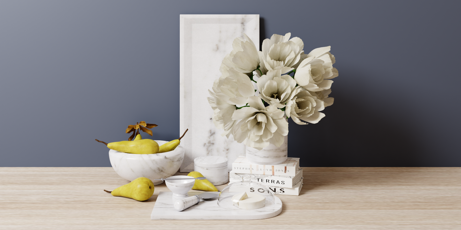 Marble Decorative Set For The Kitchen 3 With Flower Cheese And Pears