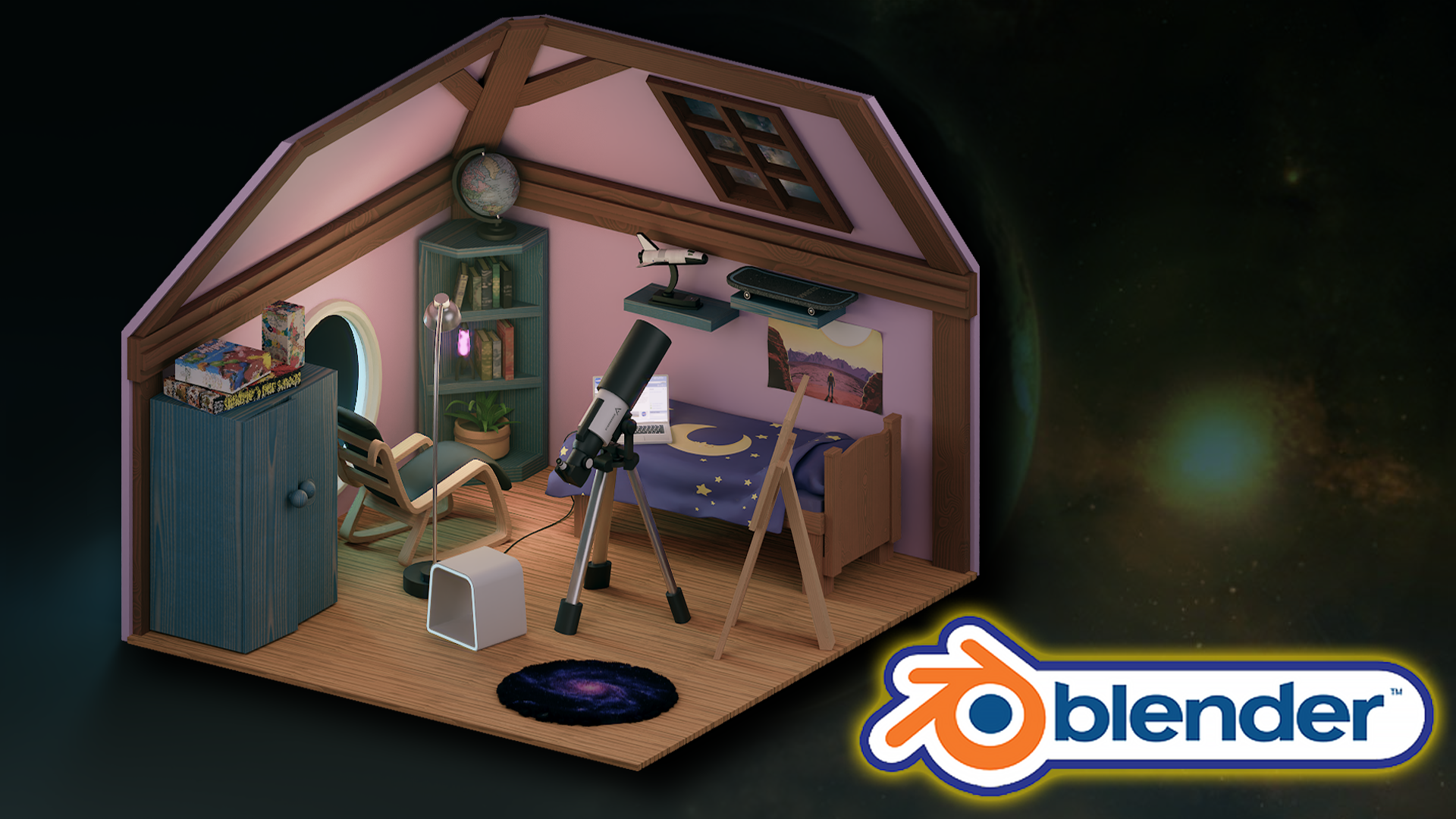 Complete Course - Mastering the Art of Isometric Room Design in Blender 3. Join to to go on a creative journey of making a stylised teenage room environment full of small details reminiscent of the Sims City and Sims franchise art style.