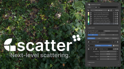 Header Image showing Gscatter's addon interface and a forest scene in the background created using it.
