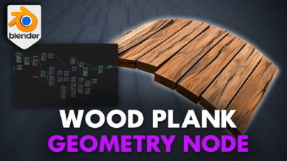Promotional thumbnail for Blender 4 Wood Plank Geometry Node featuring a 3D-rendered wooden surface with realistic textures and a detailed node setup diagram, highlighting the product's capabilities in creating stylized wooden textures for 3D modelling.