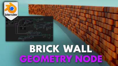 Promotional image for the 'Blender 4 Geometry Node Brick Wall Generator' with a diagram of the node setup on the left and a rendered 3D brick wall on the right, showcasing the node's ability to create customizable, realistic brick walls in Blender. The image includes the Blender logo and the text 