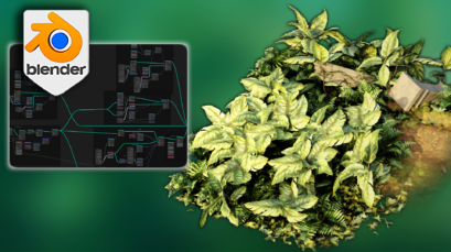 Promotional image for Blender 4 Jungle Terrain Geometry Node, highlighting its features such as dynamic foliage, customizable moss textures, and advanced terrain materials. Ideal for game developers, animators, and architects to create realistic jungle environments in their 3D projects.