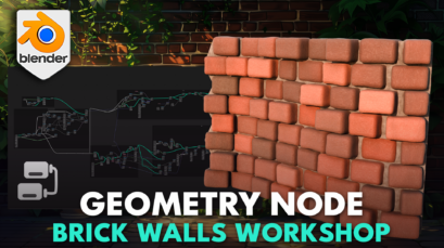 A visually appealing 3D-rendered scene of a castle wall and tower created using Blender, showcasing advanced modeling and texturing techniques taught in the 'Blender Basics Geometry Node Brick Walls Workshop'. Key highlights include Resource and Reference Mastery, Advanced Modeling Techniques, Realistic Environment Creation, and Final Compositions and Rendering.