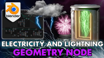 A thumbnail image showcasing the 3D Tudor Lightning Geometry Node in action, featuring a dynamic and realistic lightning strike against a dark, stormy background. The lightning is detailed with vibrant colors, highlighting the node's customization capabilities in Blender. The text 