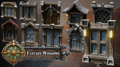 Thumbnail image showcasing the 'Blender 20 Massive Fantasy Windows Asset Pack' featuring a detailed 3D render of a medieval-style window set against a backdrop of a castle, highlighting the intricate design and textures.
