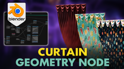 Thumbnail showing a dynamic, realistic 3D curtain created using the '3D Tudor Curtain Geometry Node - Cloth Simulator' in Blender. The curtain is elegantly draped, showcasing intricate folds and lifelike textures, set against a detailed digital environment.